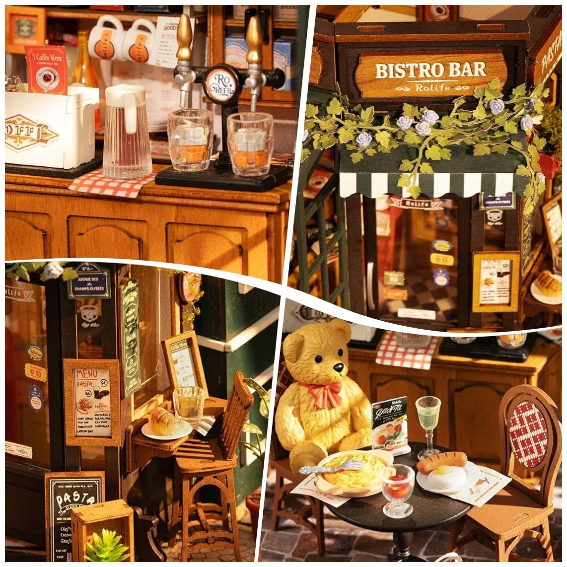 Miniatur-Bistro-Bar mit Zapfhähnen, Menütafeln, Tischen, Stühlen und einem Teddybären