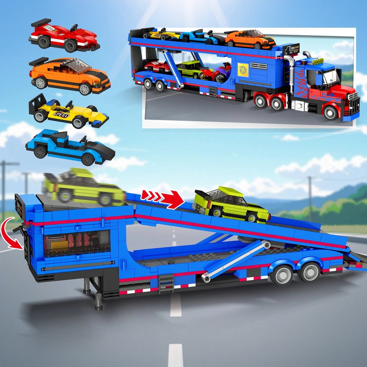 Transporter Truck mit 7 Fahrzeugen - Klemmbausteine