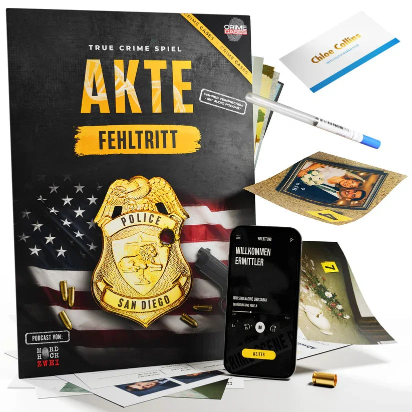 True Crime Spiel Akte Fehltritt mit Polizeimarke, Patronen, Handy und Beweismitteln