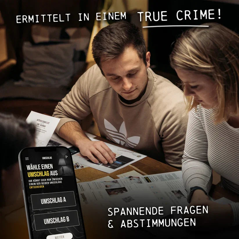 Zwei Personen lösen einen True-Crime-Fall mit Dokumenten und einem Smartphone