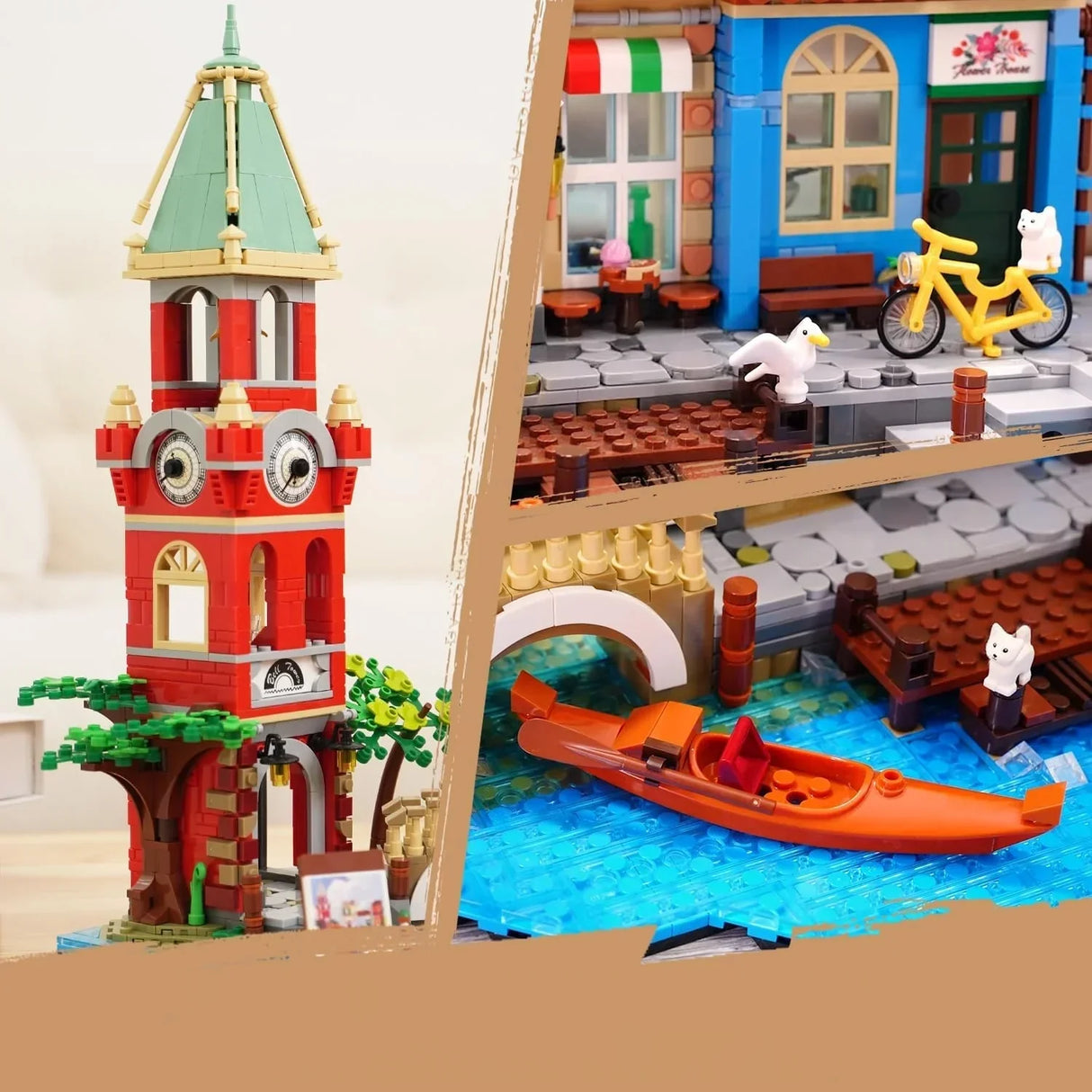 Ein Lego-Set mit einem roten Glockenturm, einem blauen Gebäude mit Fahrrad und einem Kanal mit orangefarbenem Boot