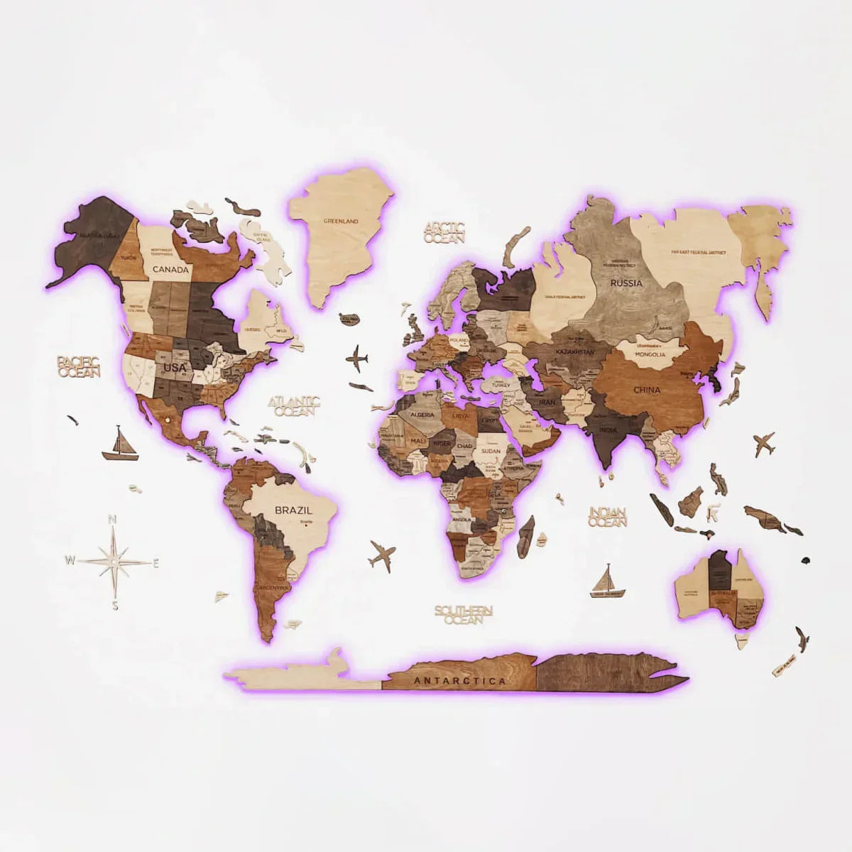 Carte du monde 3D en bois avec éclairage LED - décoration murale - multicolore / XL (120 x 200 cm)