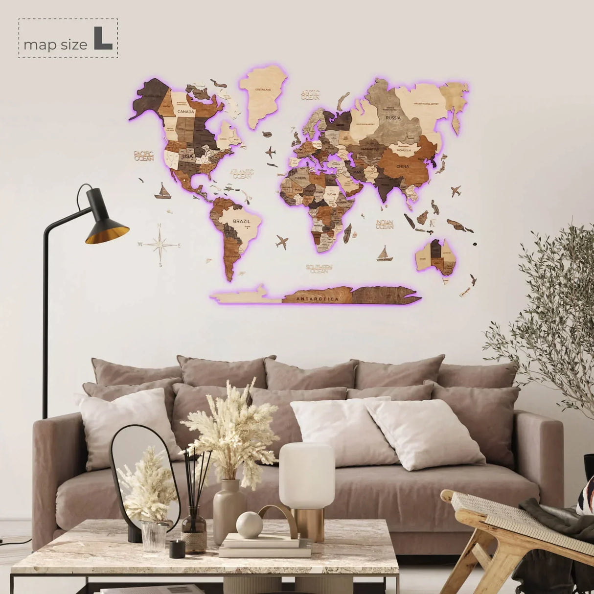 Carte du monde 3D en bois avec éclairage LED - décoration murale - multicolore / XL (120 x 200 cm)