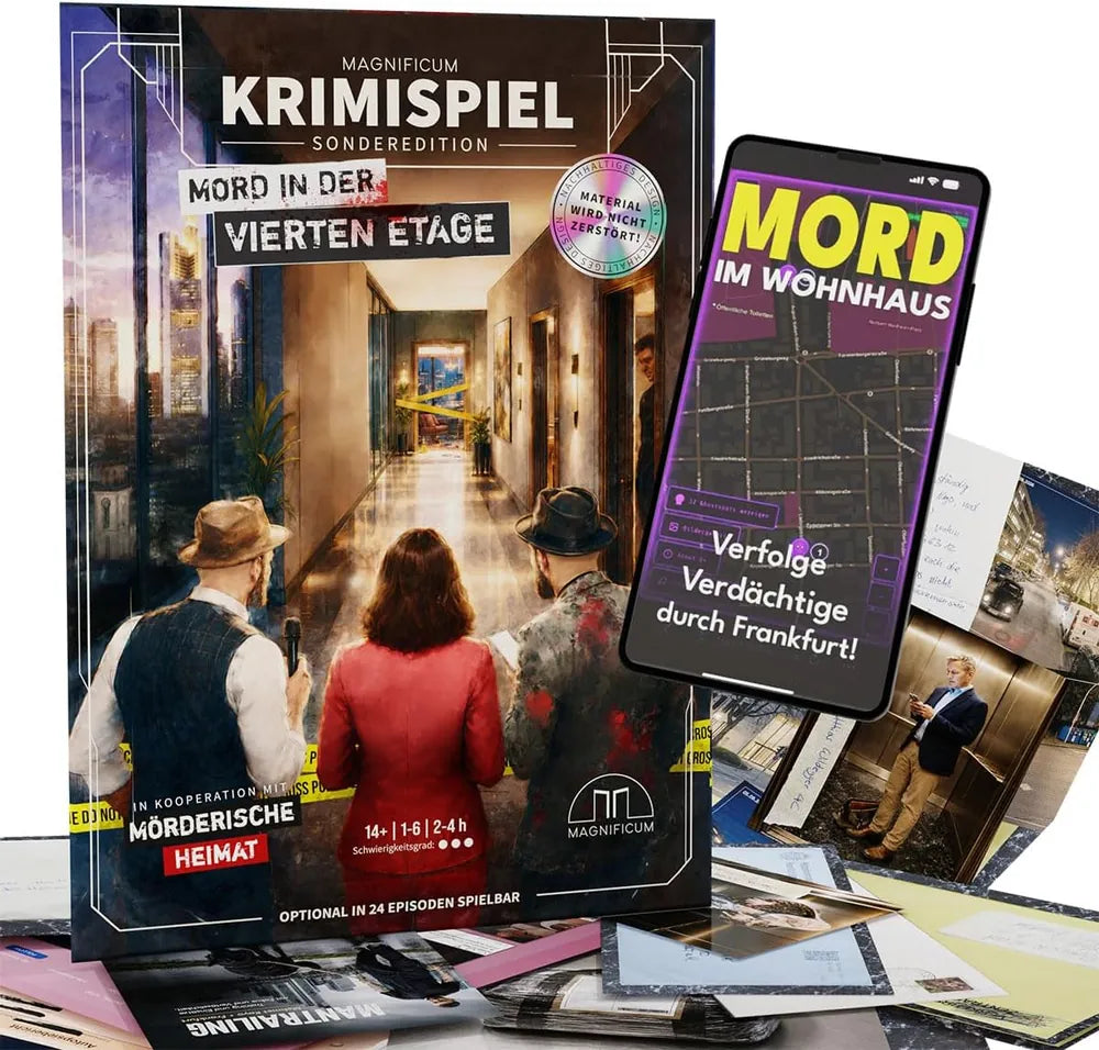 MAGNIFICUM Krimispiel Mord in der vierten Etage: Blick auf die Verpackung und den gesamten Spielinhalt