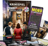 MAGNIFICUM Krimispiel Mord in der vierten Etage: Blick auf die Verpackung und den gesamten Spielinhalt