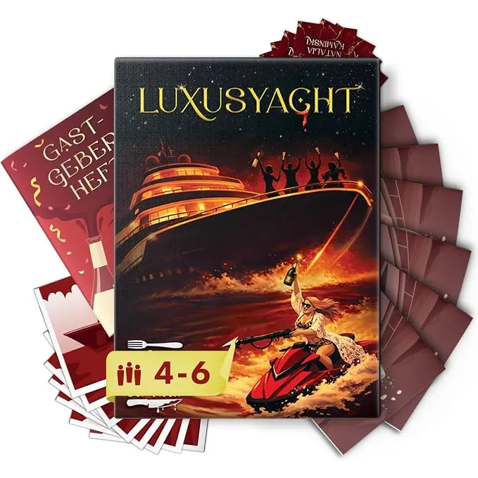 Spielbox Luxusyacht von Mord bei Tisch mit Yachtmotiv, Rollenheften, Gastgeberheft und Karten.