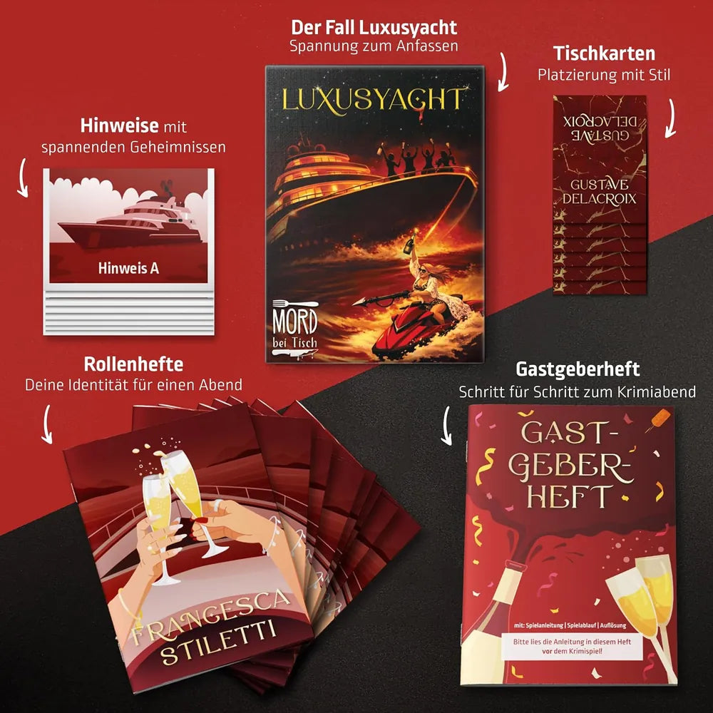 Luxusyacht-Spielinhalt: Spielbox, Hinweiskarten, Tischkarten, Rollenhefte und Gastgeberheft.