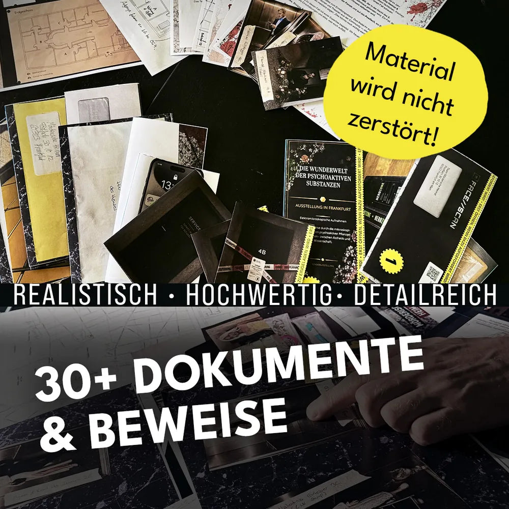 30 Dokumente und Beweise für die Ermittlungen im Krimispiel Mord in der vierten Etage