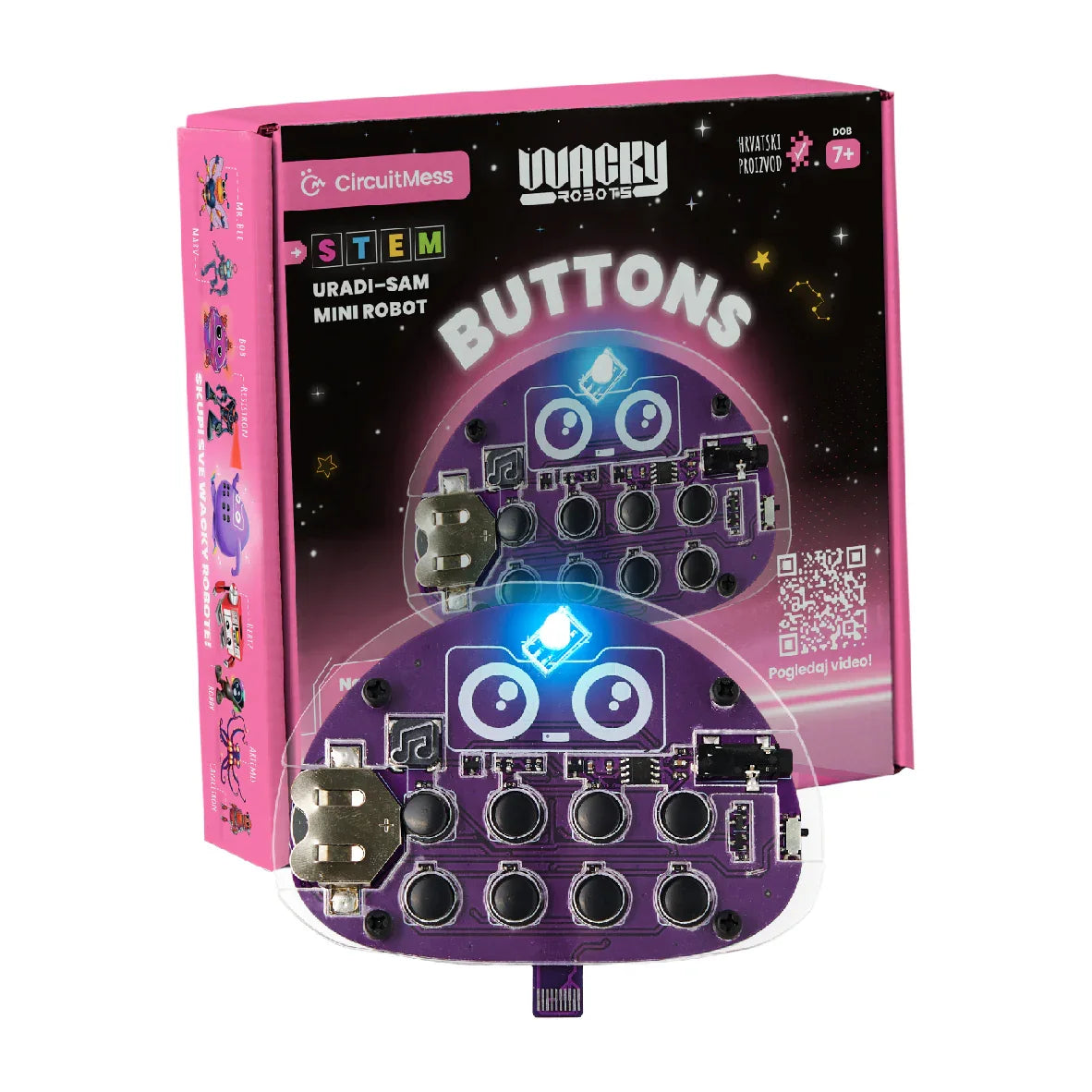 CircuitMess Wacky Robots Buttons STEM Bausatz mit lila Platine und Tasten vor der pinken Verpackung