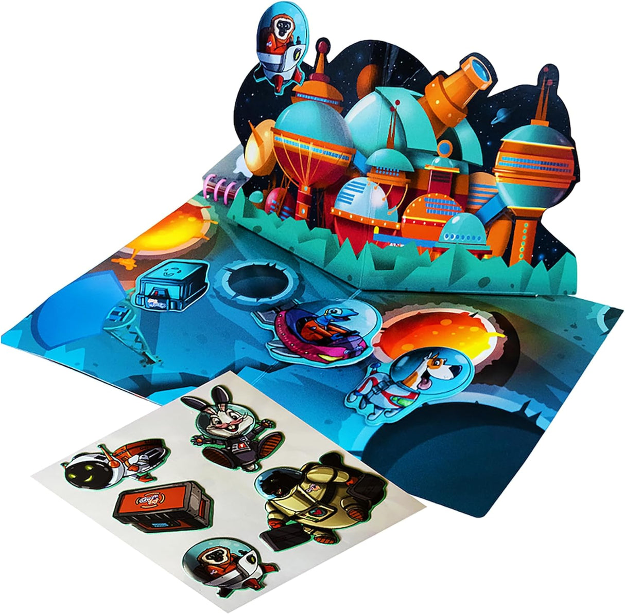 Eine futuristische Weltraumstation als 3D-Pop-up mit niedlichen Astronauten-Puffy-Stickern aus dem Magic Adventures Buch. 58347556340096