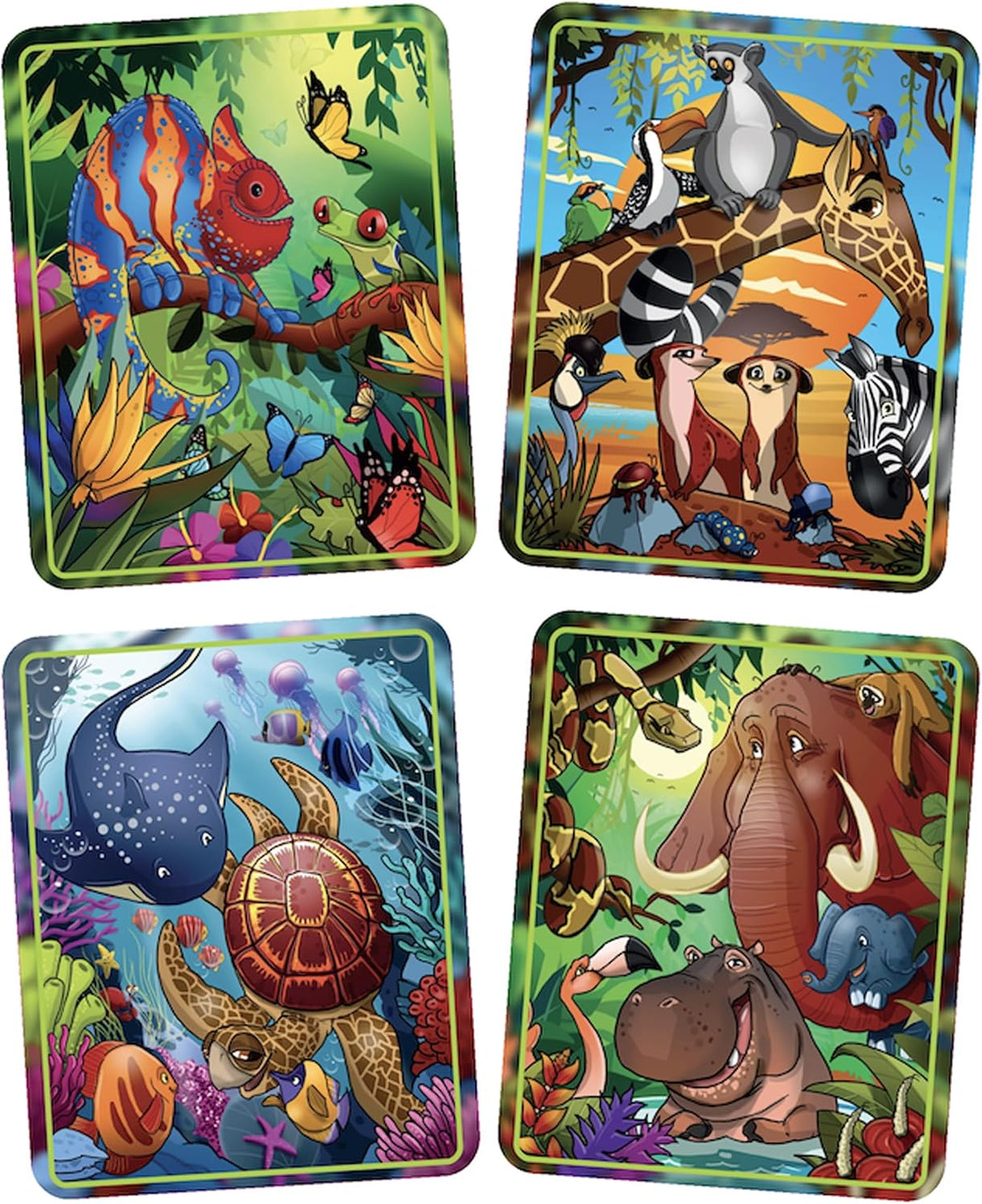 Die vier bunten Hauptmotive aus dem Tropics Buch mit Chamäleon, Savannentieren, Meeresbewohnern und Dschungeltieren. 58347556241792