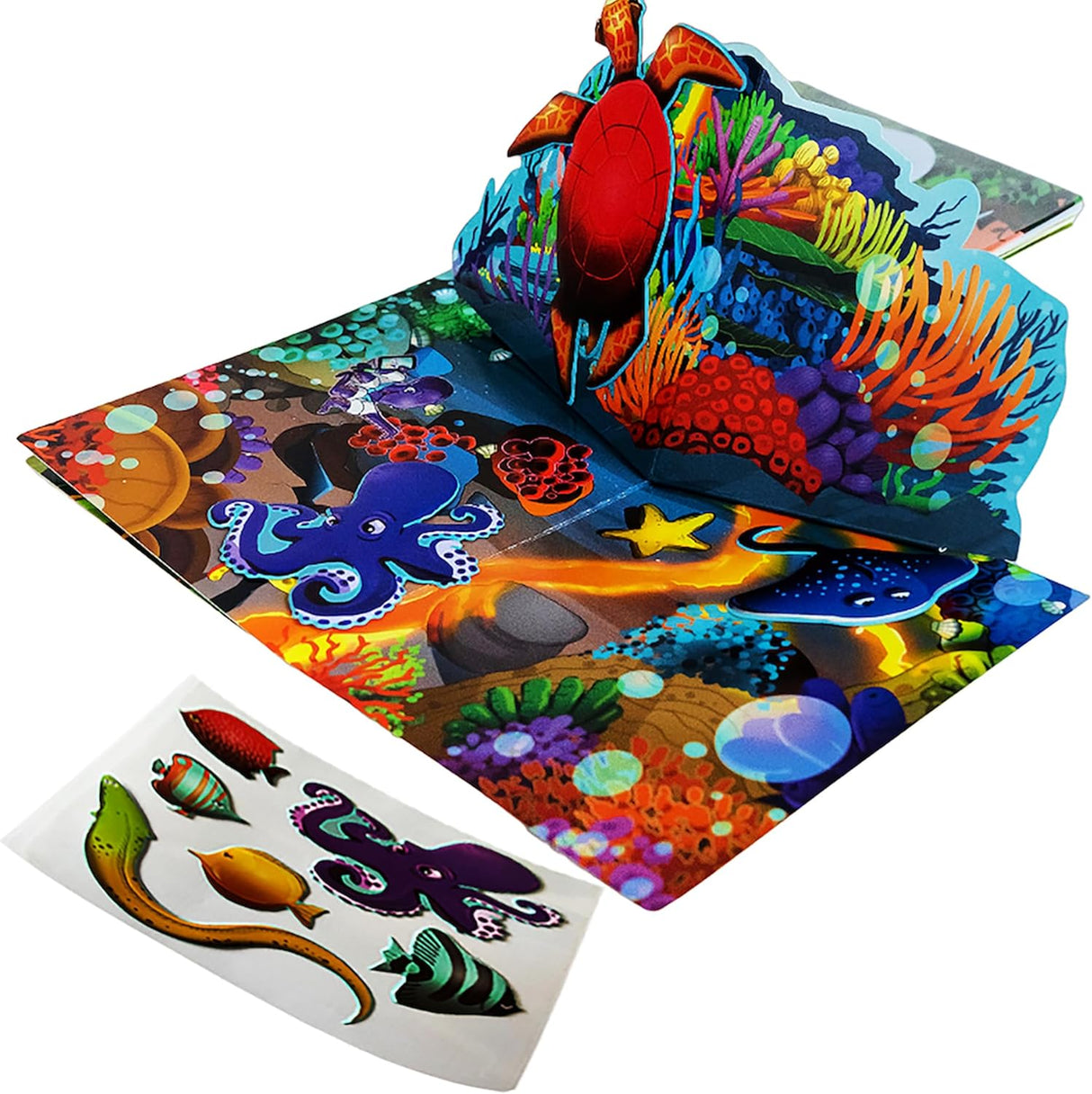 Farbenfrohes Korallenriff als 3D-Pop-up-Kulisse mit einer Meeresschildkröte und dicken 3D-Puffy-Stickern. 58347556241792