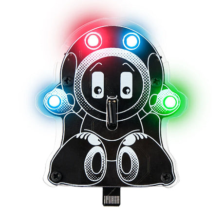 Elektronische Platine in Roboterform mit leuchtenden LEDs
