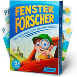 Verpackung des Fensterforscher-Reise-Suchspiels von Toleva mit Beispielkarten und Junge mit Lupe im Auto, ab 5 Jahren