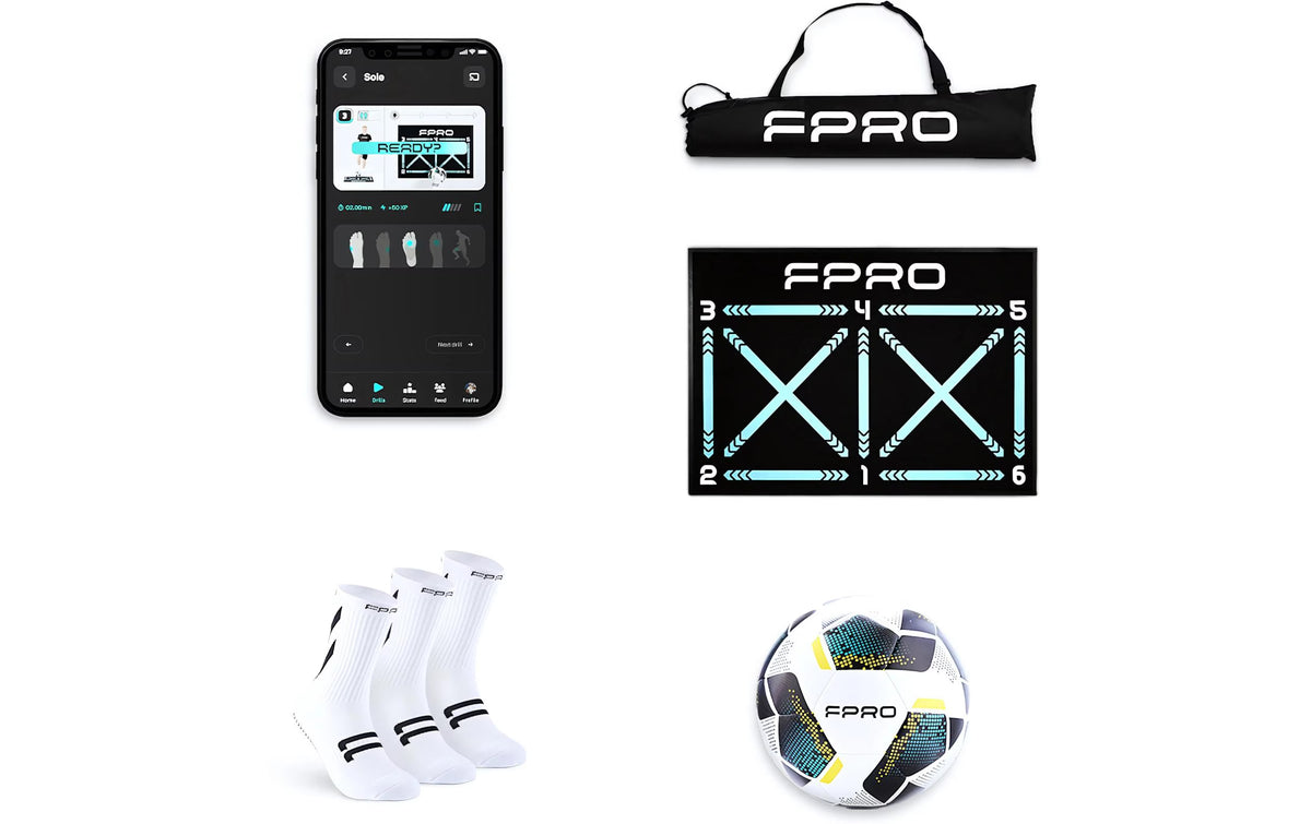 FPRO Set-Inhalt: App mit Drill-Anleitung, Tragetasche, Trainingsmatte mit nummerierten Zonen, 3 Paar Grip-Socks und Elite-Fussball