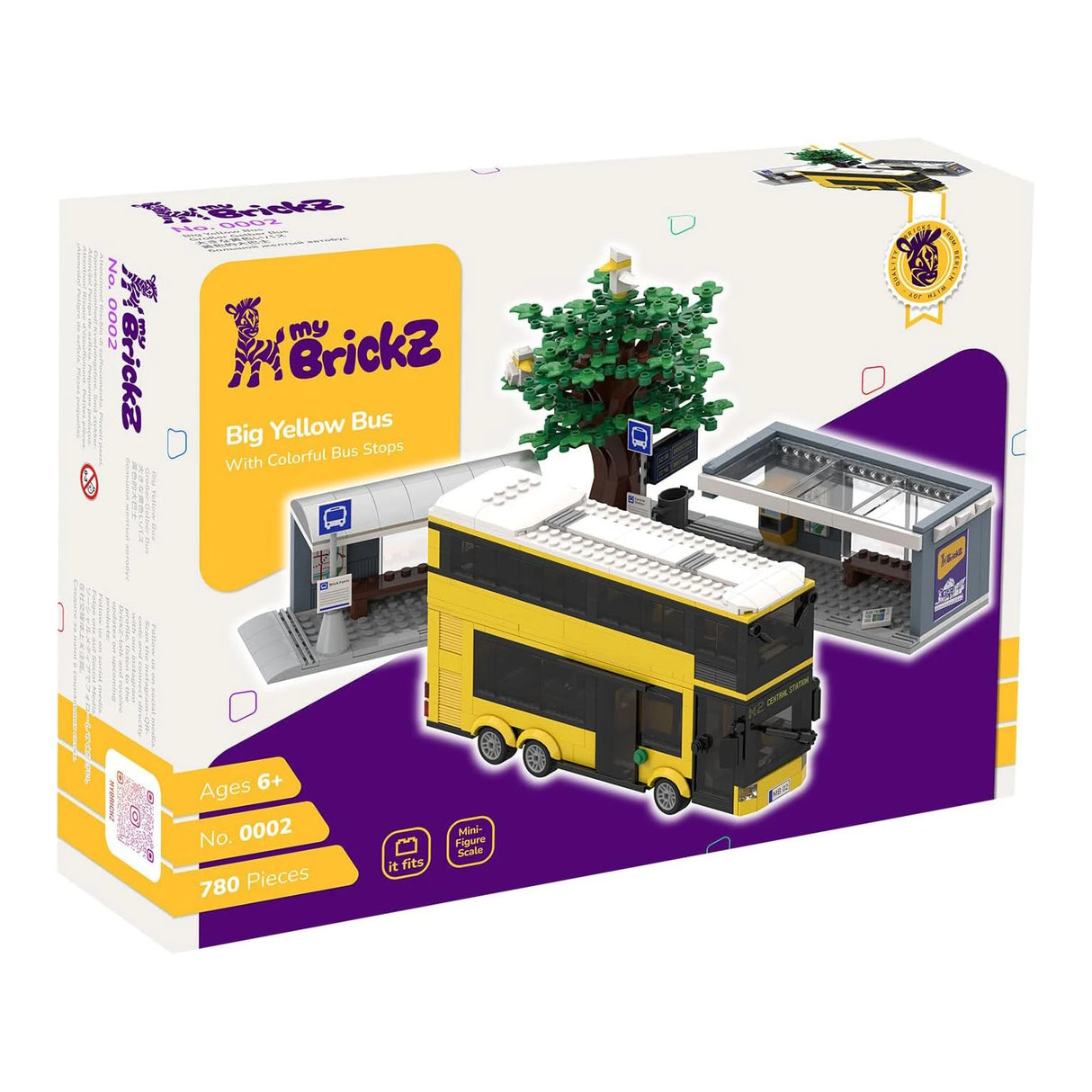 Gelber Doppelstockbus mit Haltestellen - Klemmbausteine