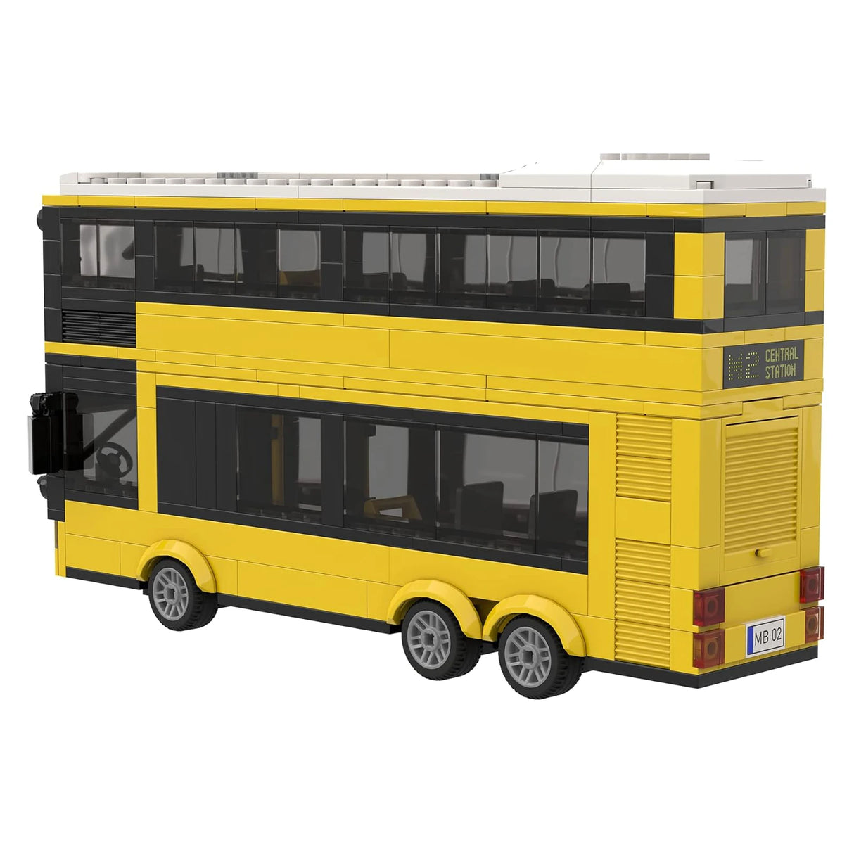 Gelber Doppelstockbus mit Haltestellen - Klemmbausteine