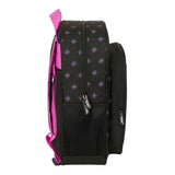 Schwarzer Rucksack mit lila Mustern und pinken Trägern, Seitenansicht