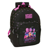 Schwarzer Rucksack mit K-Pop Demon Hunters Logo und drei weiblichen Zeichentrickfiguren