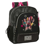 Schwarzer Rucksack mit K-Pop Demon Hunters Aufdruck und pinken Trägern
