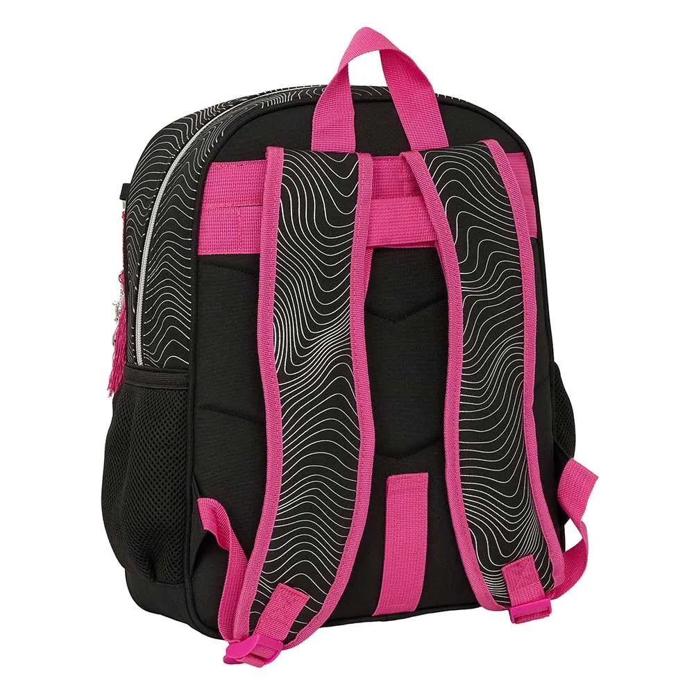 Schwarzer Rucksack mit pinken Trägern und weißem Wellenmuster