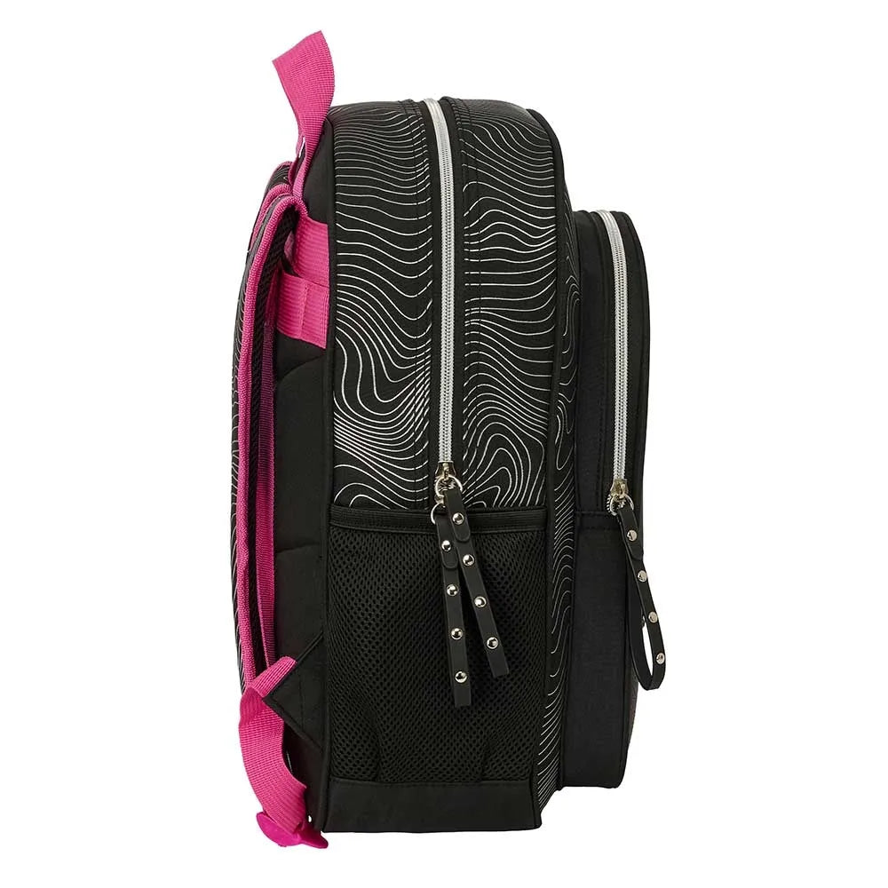 Schwarzer Rucksack mit rosa Trägern und weißem Wellenmuster