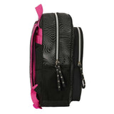 Schwarzer Rucksack mit rosa Trägern und weißem Wellenmuster