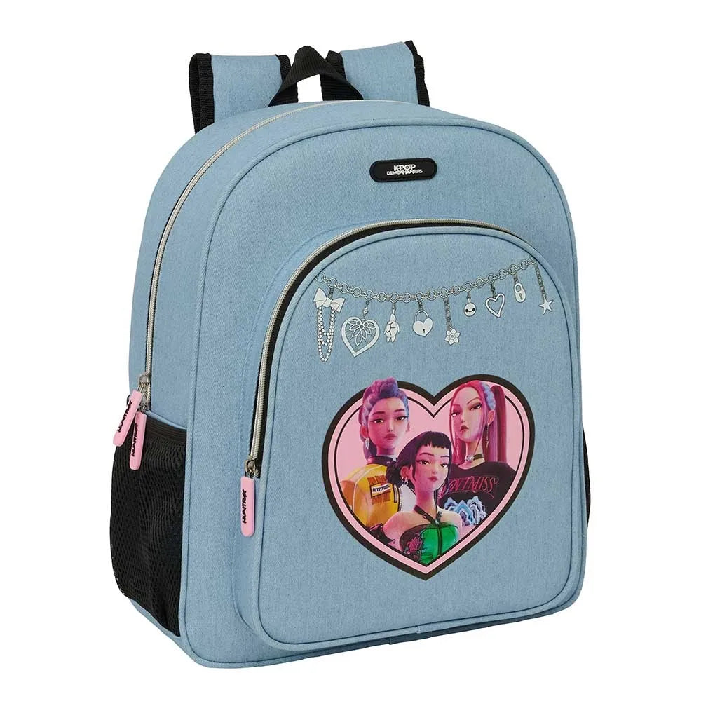 Blauer Rucksack mit K-Pop-Mädchen-Design und Herz-Anhänger-Grafik