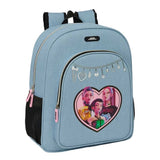 Blauer Rucksack mit K-Pop-Mädchen-Design und Herz-Anhänger-Grafik