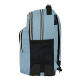 Hellblauer Rucksack mit schwarzen Reißverschlüssen und Netztasche