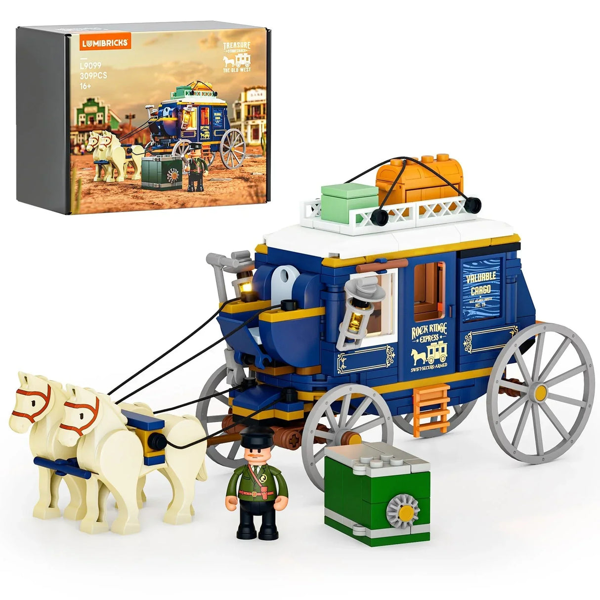 Lumibricks L9099 Postkutsche Bausatz mit zwei Pferden, einer Figur und einem Safe
