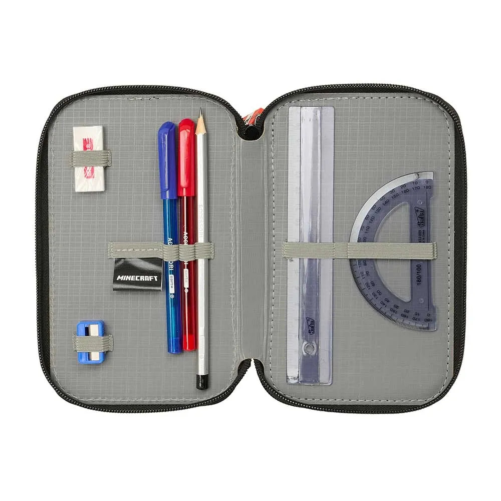 Offenes Federmäppchen mit Minecraft-Logo, gefüllt mit Stiften, Bleistift, Radiergummi, Lineal und Winkelmesser