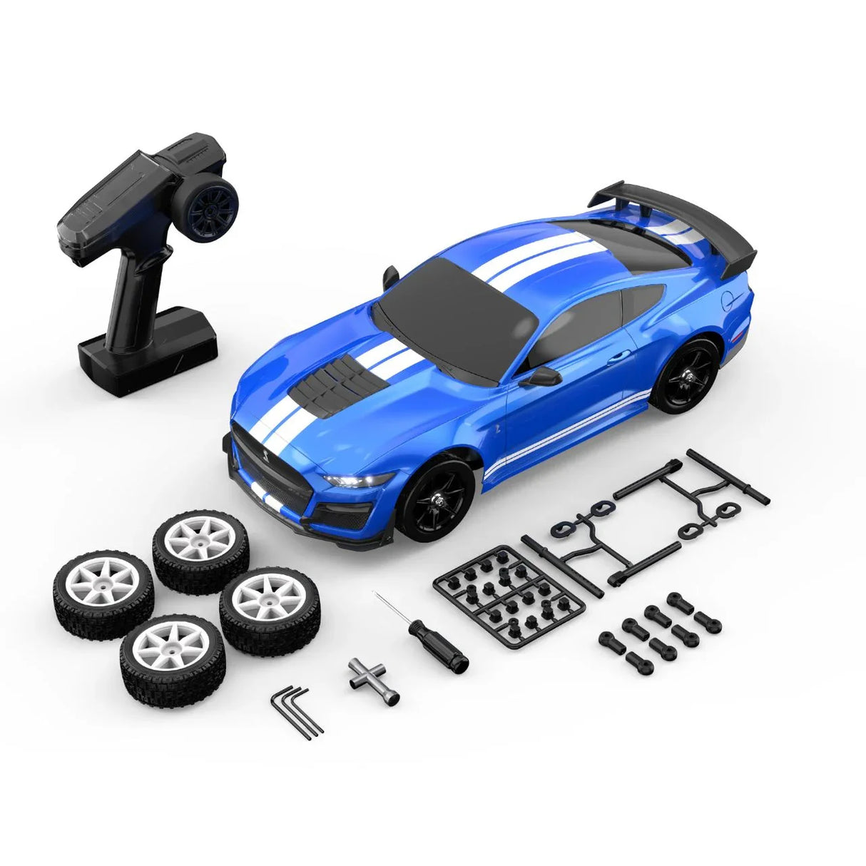 MJX Hyper Go 10306 Ford Mustang Shelby GT500 1:10 RC-Drift-Car Lieferumfang mit Fernsteuerung, zusätzlichen Reifen, Werkzeug und Ersatzteilen.