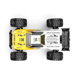 Draufsicht auf den gelb-weißen MJX Hyper Go 14207 Brushless RC-Truggy mit "Bugs" und "Hyper Go" Bedruckung.