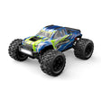 Schrägansicht des MJX Hyper Go 14208 1:14 Brushless RC-Monstertrucks in der blau-gelb-weißen Farbvariante auf weißem Hintergrund.