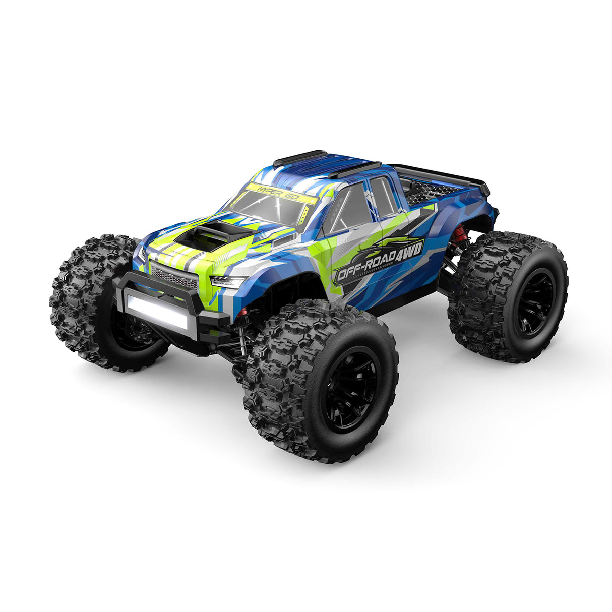 Schrägansicht des MJX Hyper Go 14208 1:14 Brushless RC-Monstertrucks in der blau-gelb-weißen Farbvariante auf weißem Hintergrund.