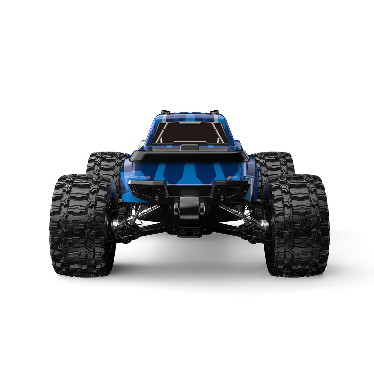 Heckansicht des blauen MJX Hyper Go 14208 RC-Monstertrucks mit Fokus auf die breite Spur, die Wheelie-Bar und die massiven Offroad-Reifen.