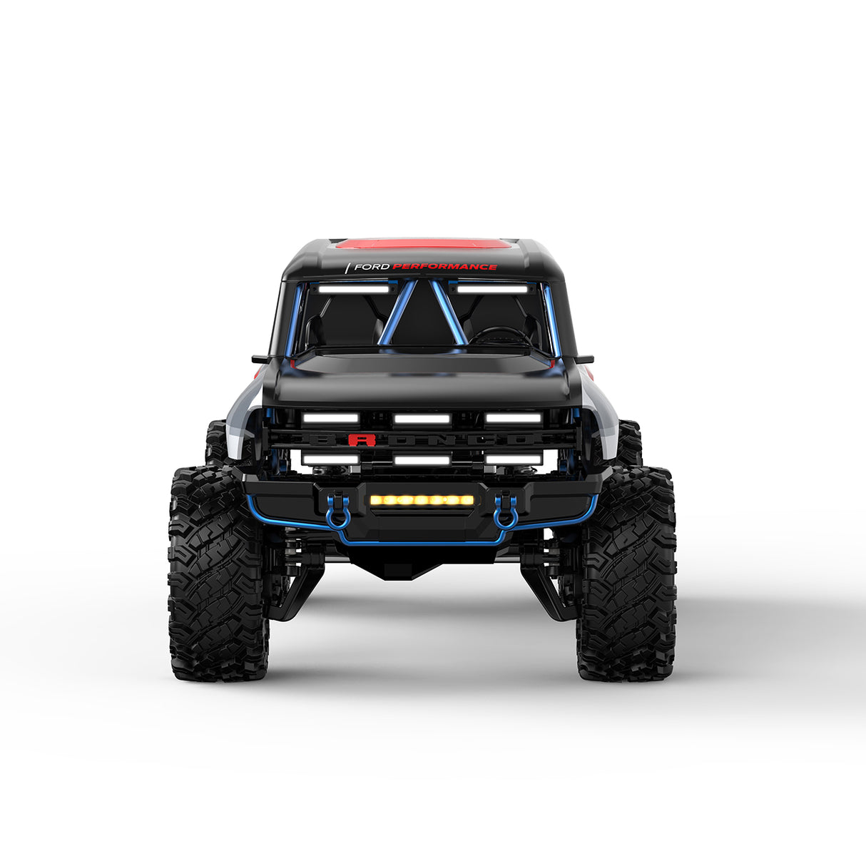 Frontansicht des MJX Hyper Go H12P RC-Modellautos mit eingeschalteter LED-Beleuchtung am Kühlergrill und Stoßfänger.