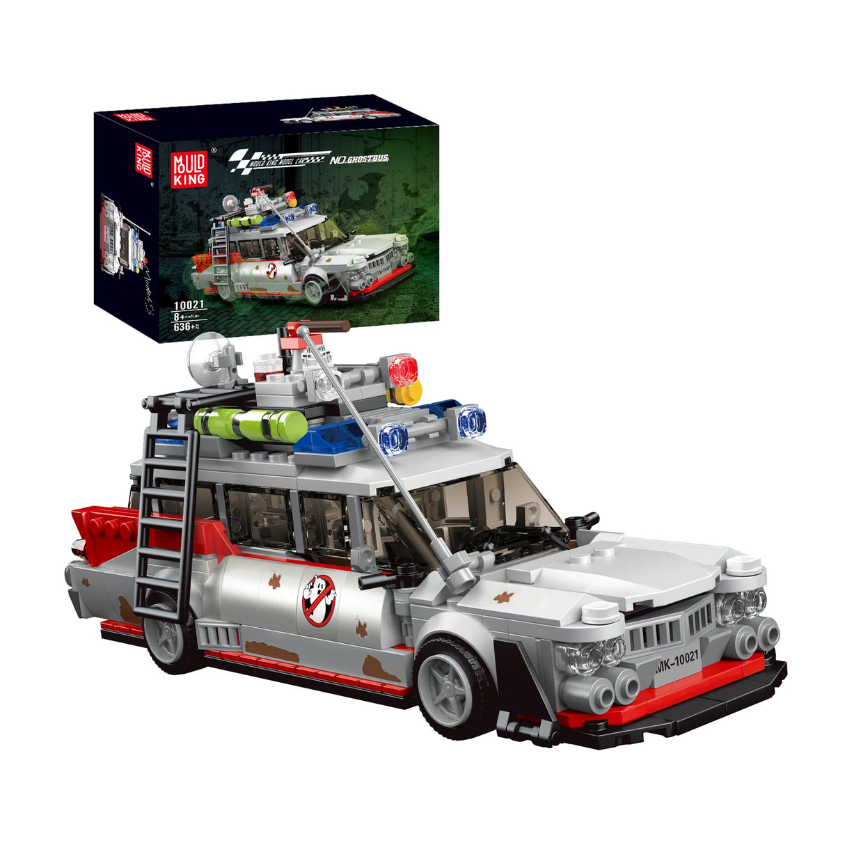 Mould King Geisterjäger-Bus Klemmbausteine Set 10021 – weiß-roter Einsatzwagen mit Dachausrüstung und 636 Teilen