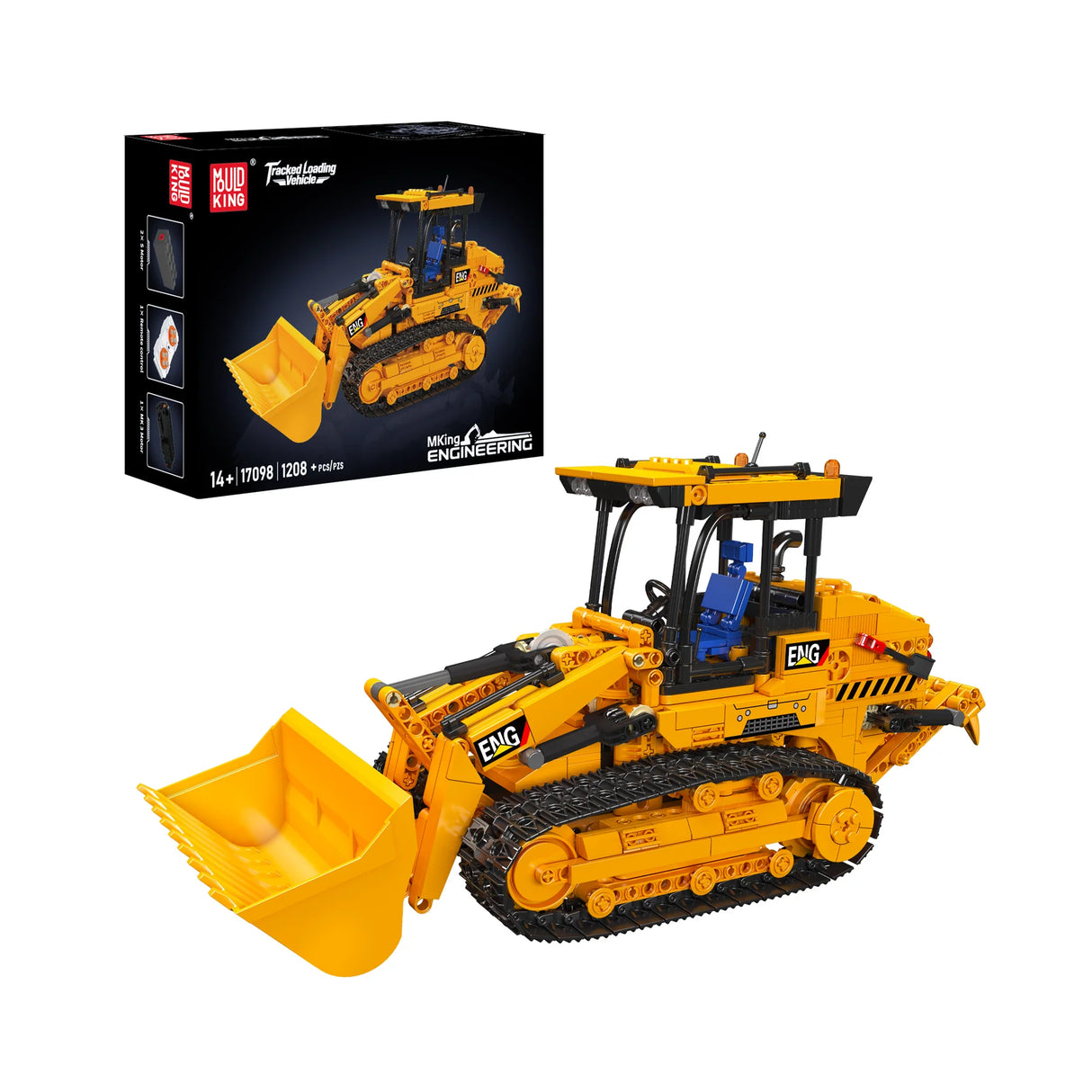 Mould King Kettenlader Klemmbausteine Set 17098 – ferngesteuerter Radlader auf Raupenketten mit Verpackung und 1208 Teilen