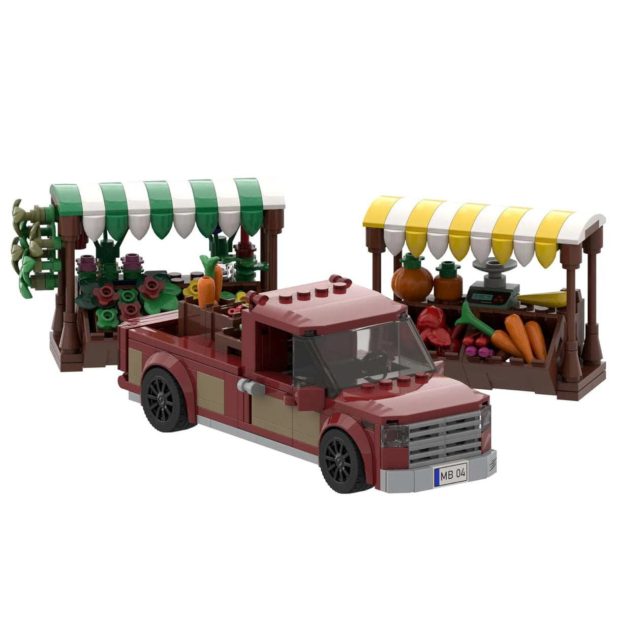 Roter Pickup mit Marktständen - Klemmbausteine