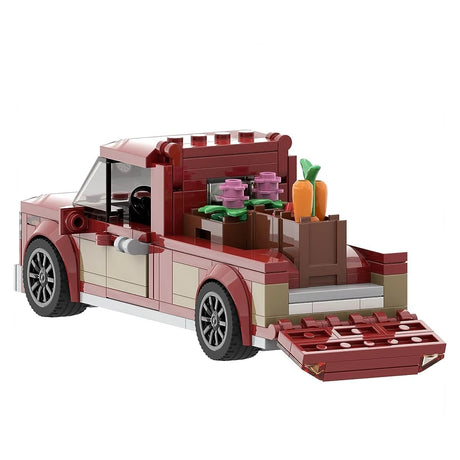 Roter Pickup mit Marktständen - Klemmbausteine