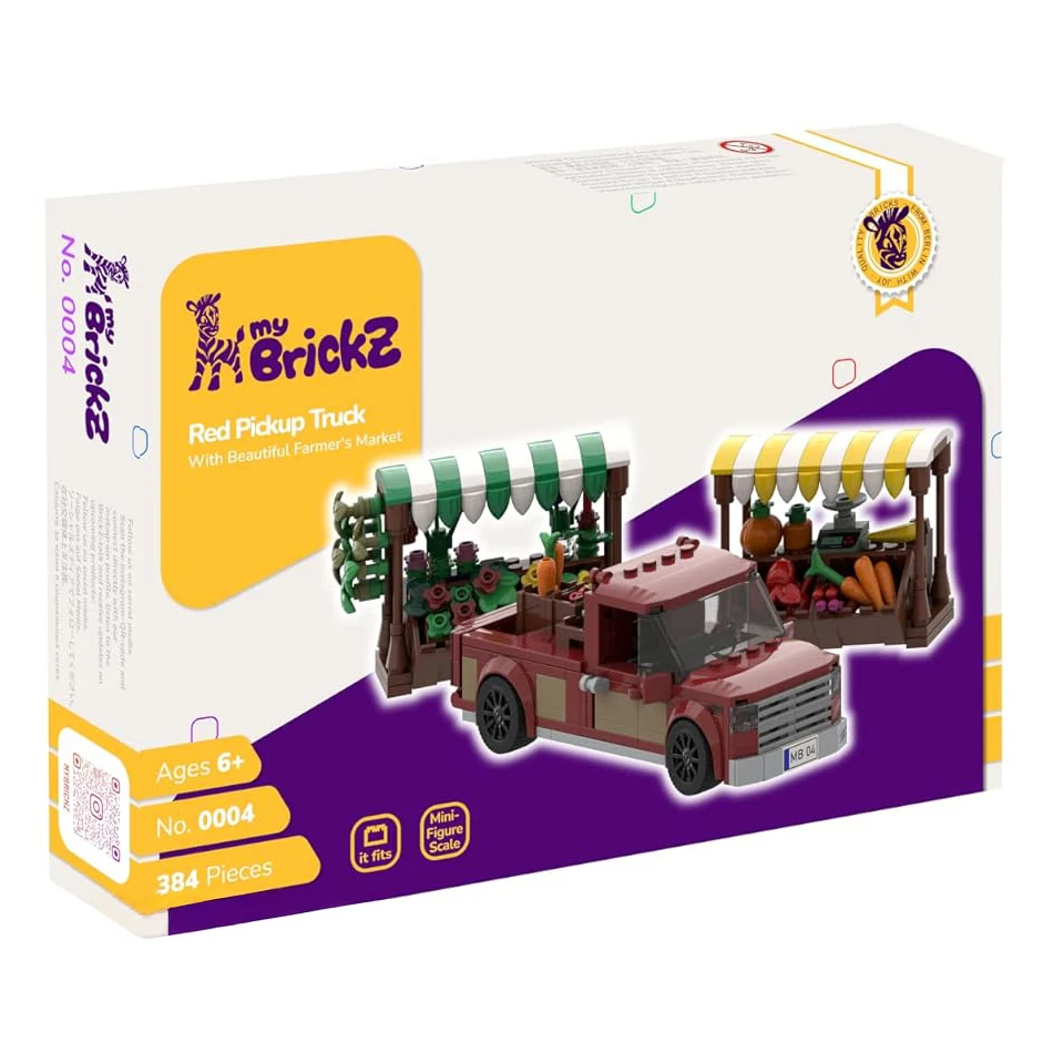 Roter Pickup mit Marktständen - Klemmbausteine