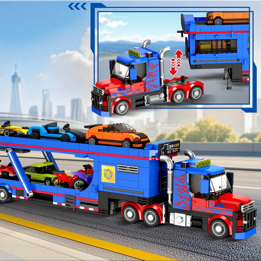 Transporter Truck mit 7 Fahrzeugen - Klemmbausteine