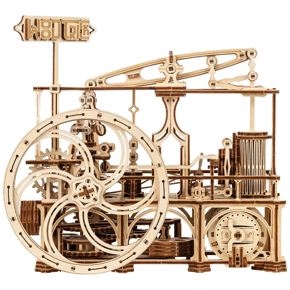 WoodTrick Dampfmaschine 18. Jh. 3D-Holzmodell mit detailliertem Schwungrad und Getriebemechanik