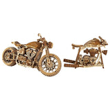 WoodTrick Iron Pony Motorrad Holzmodell komplett und im Rahmen-Detail nebeneinander dargestellt